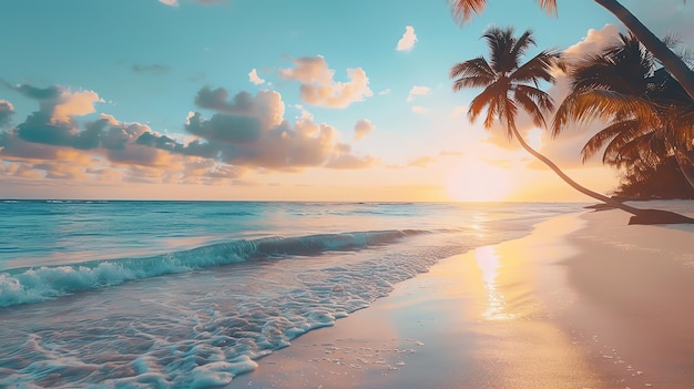 A beautiful tropical beach scene with palm trees soft sand and the sun setting over the ocean