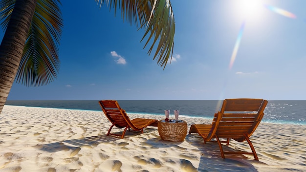 Beautiful tropical beach and sea with 2 chair relax on blue sky 3D rendering