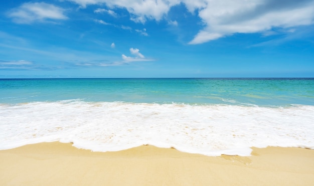 Beautiful tropical beach and sea with blue sky background Amazing  beach blue sky sand sun daylight relaxation landscape view in Phuket island Thailand.