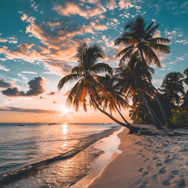 Beautiful Tropical Beach Sunset with Palm Trees and Vibrant Sky