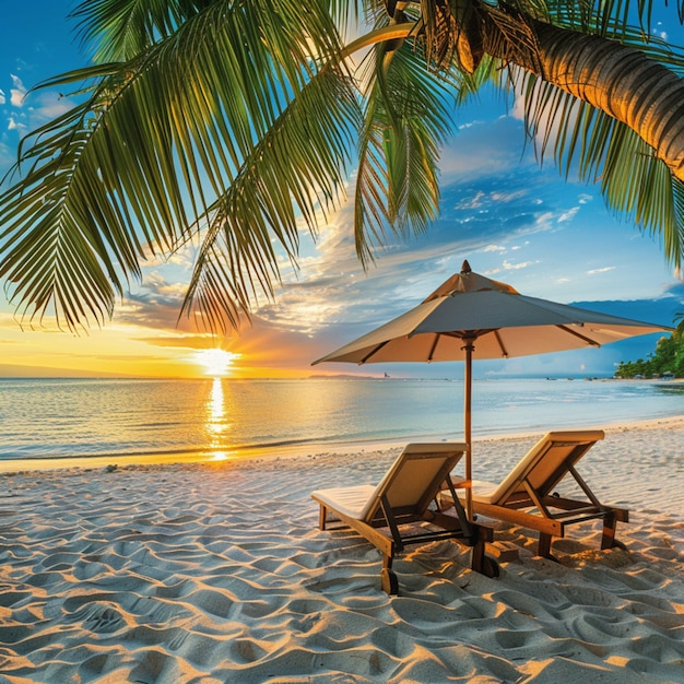 Beautiful tropical beach view with palm tree sunbeds and umbrella