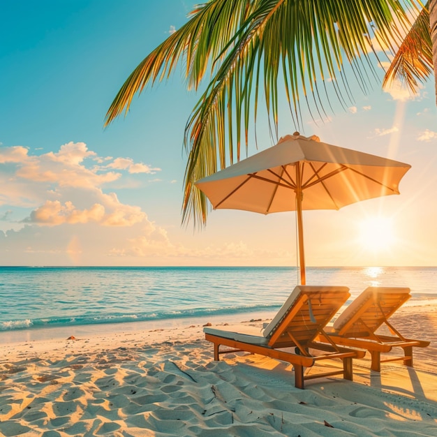 Beautiful tropical beach view with palm tree sunbeds and umbrella