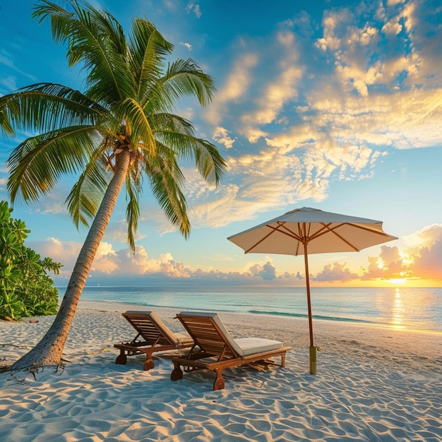 Beautiful tropical beach view with palm tree sunbeds and umbrella