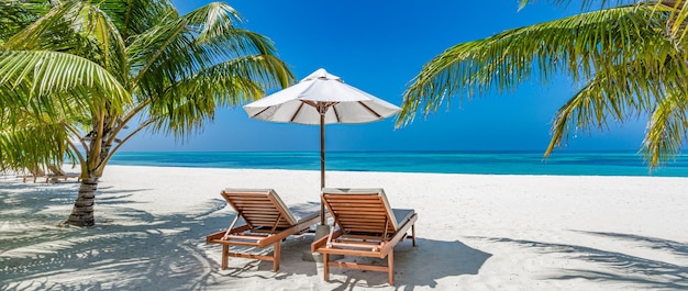 Beautiful tropical beach. White sand coco palms travel tourism, chairs umbrella. Summer seaside