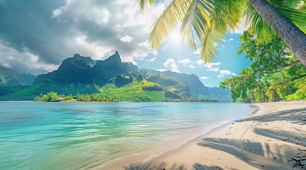 Beautiful tropical beach with clear water and green mountains in the background