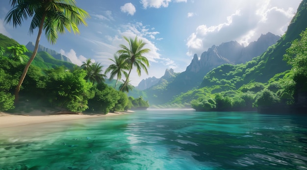 Beautiful tropical beach with clear water and green mountains in the background