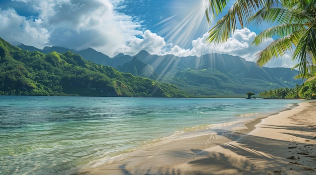 Beautiful tropical beach with clear water and green mountains in the background