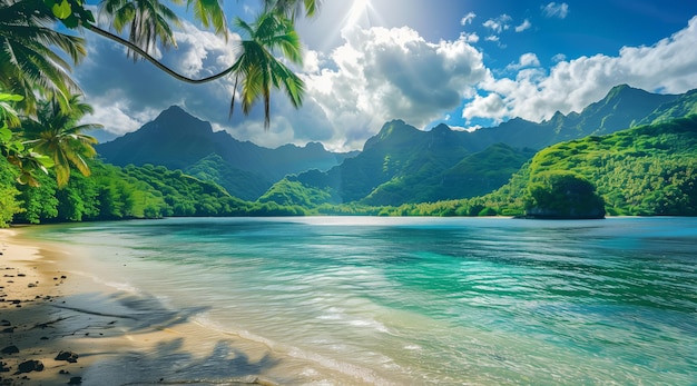 Beautiful tropical beach with clear water and green mountains in the background