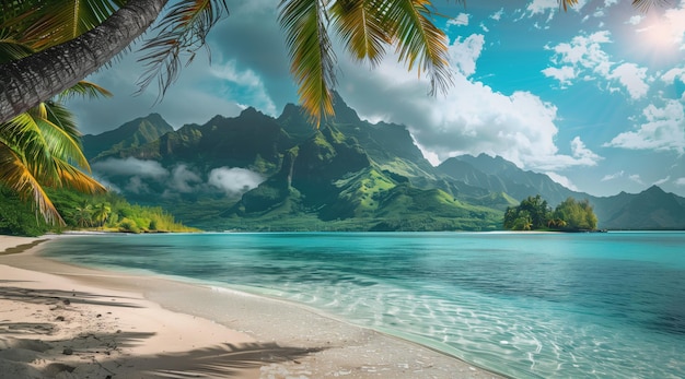 Beautiful tropical beach with clear water and green mountains in the background