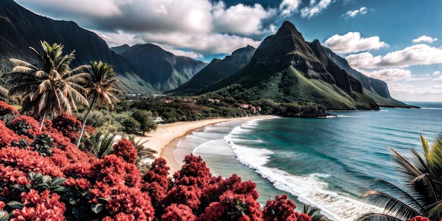 Beautiful tropical beach with mountains and flowers