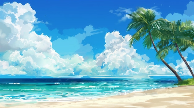 Beautiful tropical beach with palm trees and blue sky Beautiful summer background for vacation