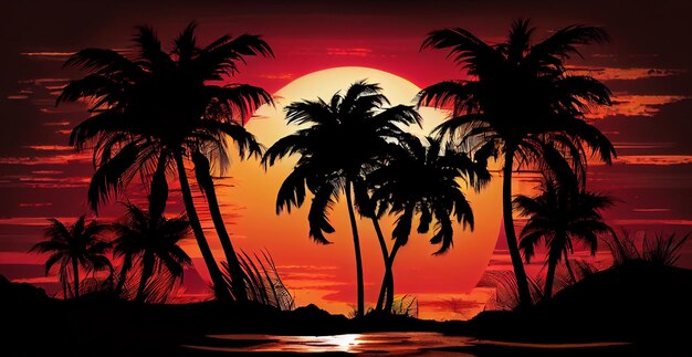 Beautiful tropical beach with silhouettes of palm trees in the twilight evening sun AI generated image