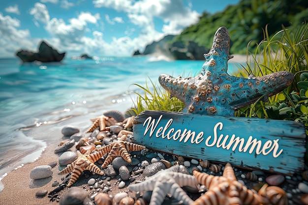 Beautiful tropical beach with starfish and Welcome Summer inscription on wooden board