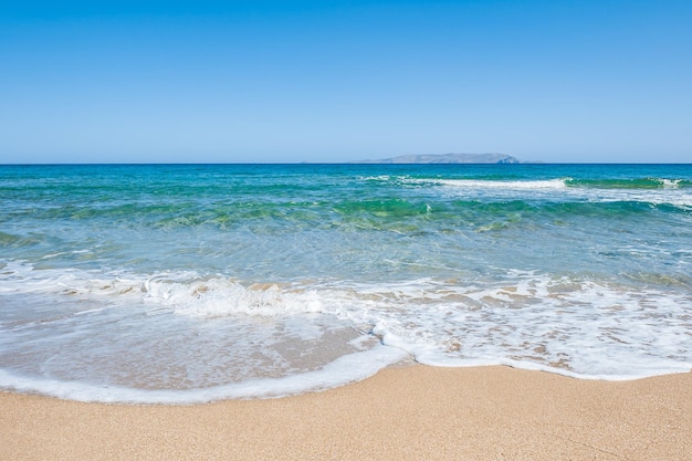 Beautiful tropical beach with turquoise water and white sand. Malia beach, Crete island, Greece.