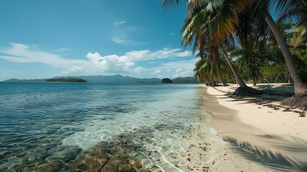 A beautiful tropical beach with white sand clear blue water and palm trees