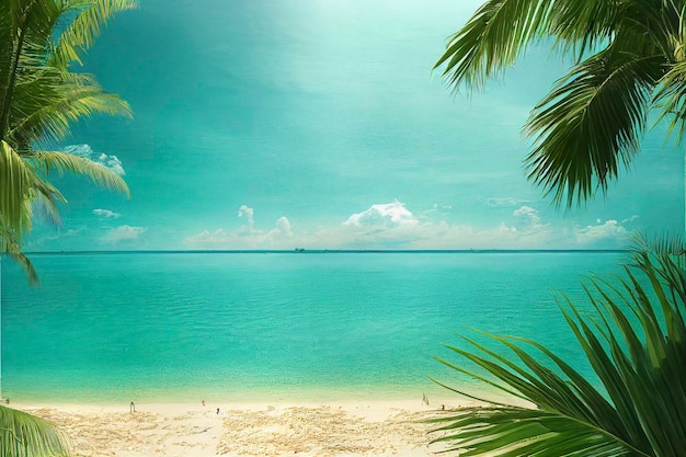 Beautiful tropical beach with white sand palm trees turquoise ocean against blue sky with clouds on sunny summer day Perfect landscape background for relaxing vacation island of Maldives