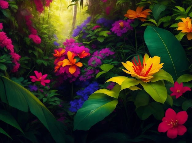 Beautiful tropical flowers in jungle Generative AI Illustration