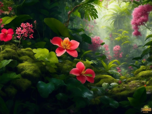 Beautiful tropical flowers in jungle Generative AI Illustration