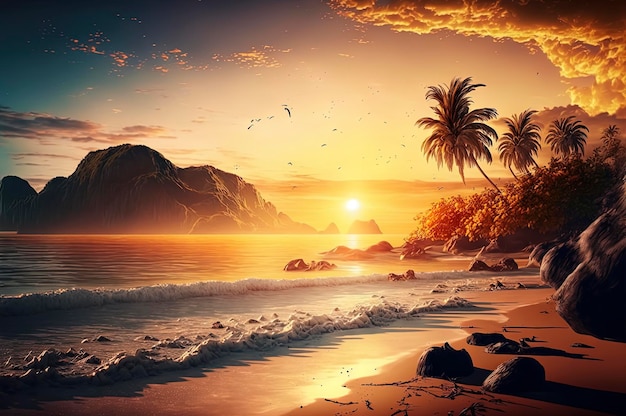 Beautiful tropical landscape of amazing beach in the summer season with sunset in background