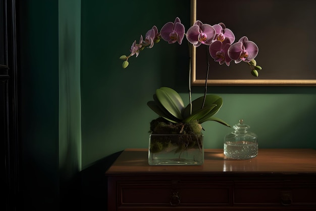 Beautiful tropical pink phalaenopsis orchid in a glass pot on a chest of drawers in an interior with green wall dark background Copy space Ai generated