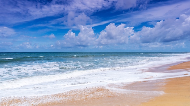 Beautiful Tropical sandy beach with blue ocean and blue sky background