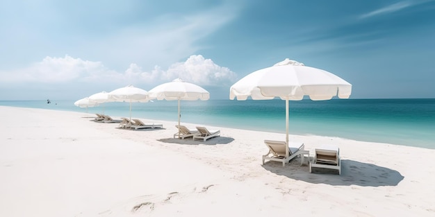 Beautiful tropical scenery sun beds White sand sea view with horizon calmness and relaxation