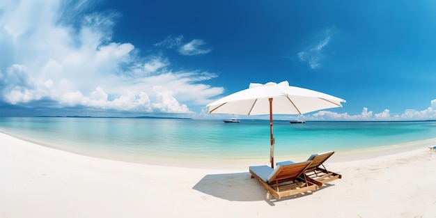 Beautiful tropical scenery sun beds White sand sea view with horizon calmness and relaxation