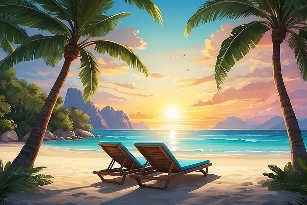 Beautiful tropical sunset beach sea two sun beds umbrella under palm tree leaves Summer vacation