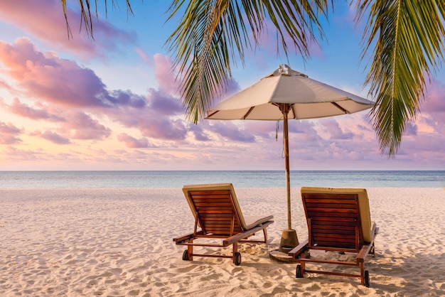 Beautiful tropical sunset scenery two sun beds loungers umbrella under palm tree White sand sea