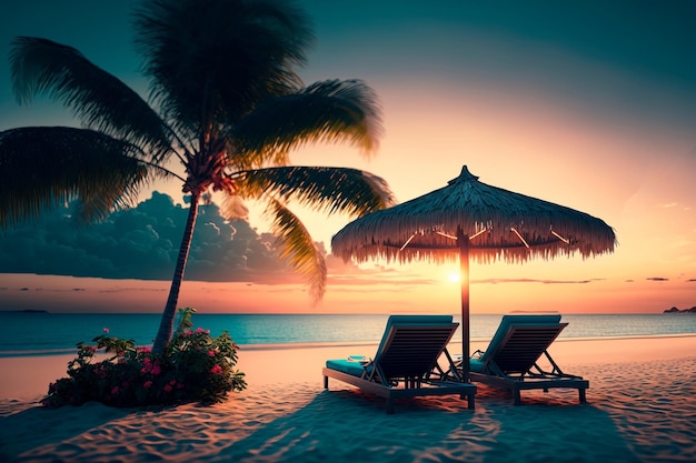 Beautiful tropical sunset scenery two sun beds loungers umbrella under palm tree