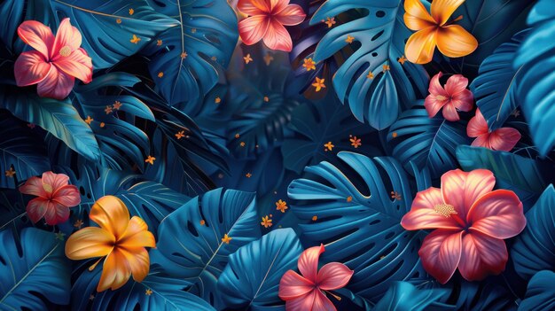 Beautiful tropical wallpaper with palm leaves juicy dark colorful