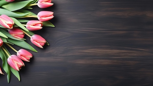 Beautiful tulip bouquet placed on a blackboard wooden