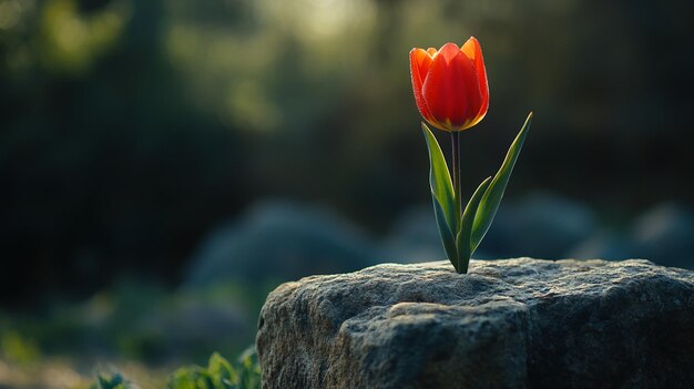 A Beautiful Tulip Displayed on a Rugged Stone Podium Ideal for Naturethemed Artworks