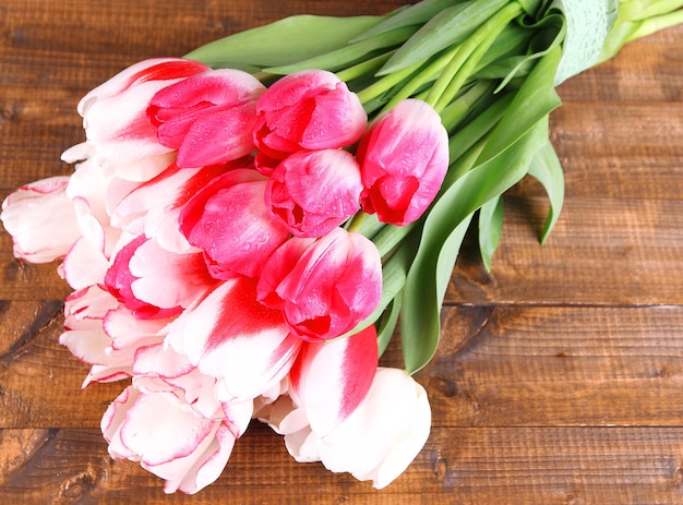 Beautiful tulips on color wooden background