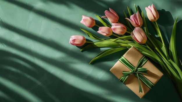 Beautiful tulips for Mothers Day on light background top view