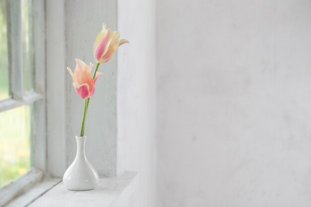 Beautiful tulips in vase on white windowsill