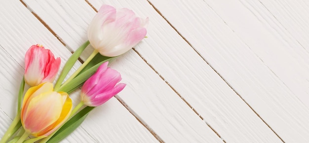 Beautiful tulips on white wooden background