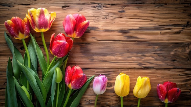 beautiful tulips on wooden background