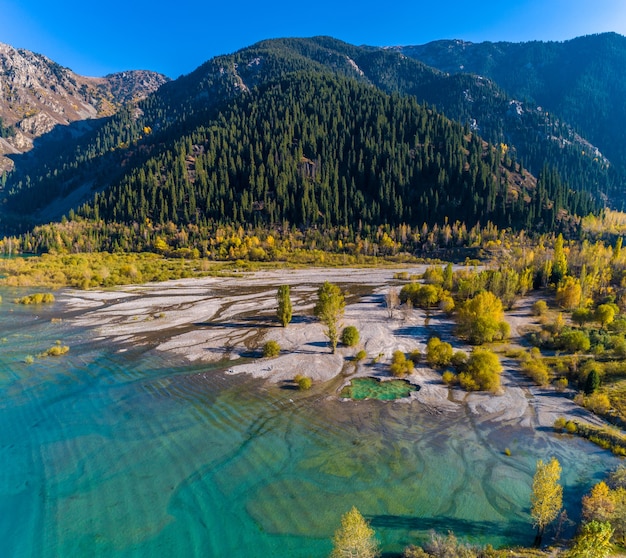 Beautiful turquoise color lake Issyk in mountainous area of Almaty region during colorful autumn with yellow birches and pine trees, Kazakhstan