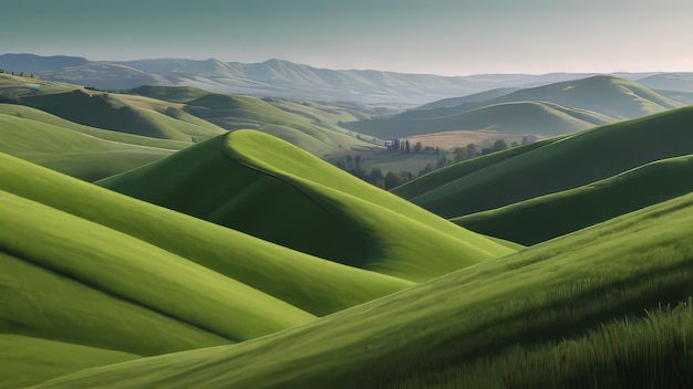 Beautiful Tuscany landscape with green meadows and blue sky