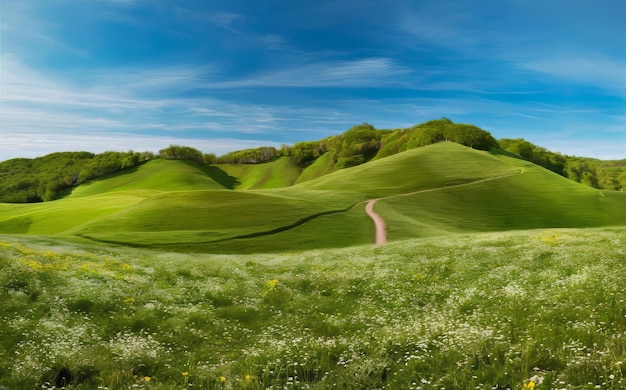 Beautiful Tuscany landscape with green meadows and blue sky