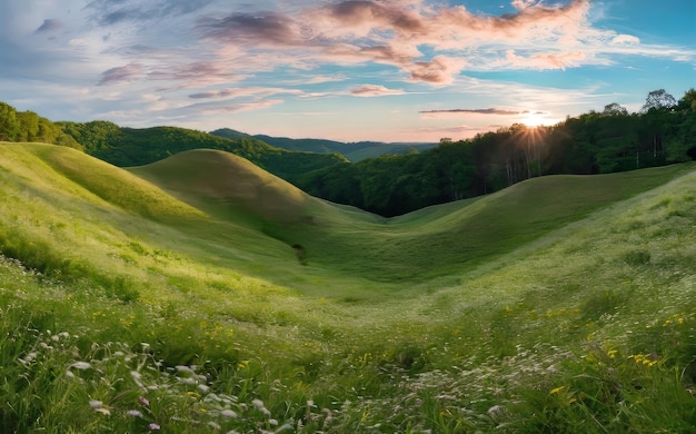 Beautiful Tuscany landscape with green meadows and blue sky