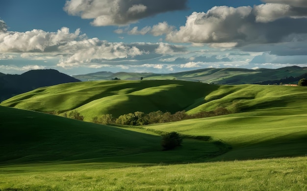 Beautiful Tuscany landscape with green meadows and blue sky