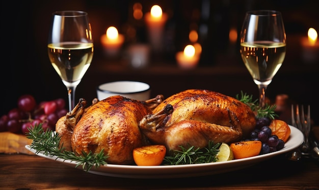 Beautiful two glasses of wine standing on dinner table in the background of a decorated Christmas