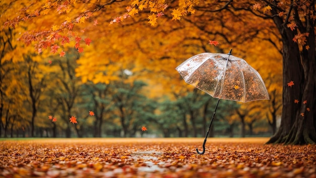 Beautiful umbrella on a background of autumn leaves