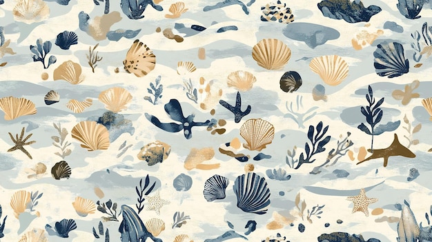 Photo beautiful underwater marine life pattern featuring shells coral and sea creatures in soft colors on a light background