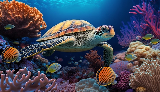 Beautiful Underwater Postcard Sea Turtle Floating Up And Over Coral reef