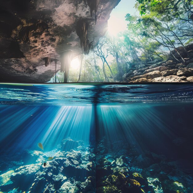 Photo a beautiful underwater scene with a bright sun shining through the water