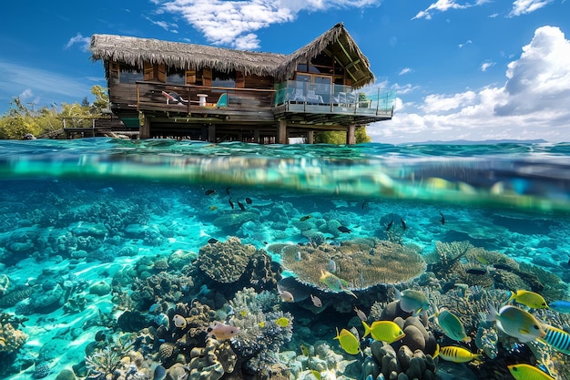 A beautiful underwater scene with a house in the middle