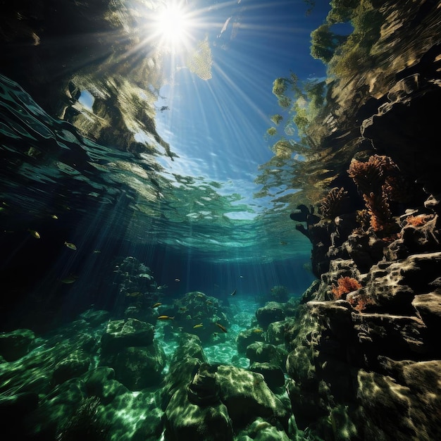 Beautiful underwater scene with sun beams over coral reefs